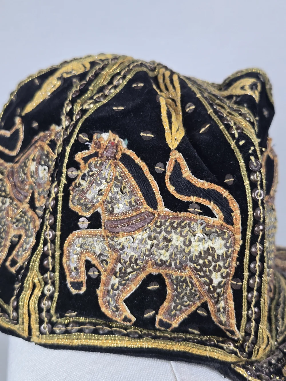 Vintage 80s Thai Velvet Embroidered Sequin Horse Equestrian Artisan Baseball Cap